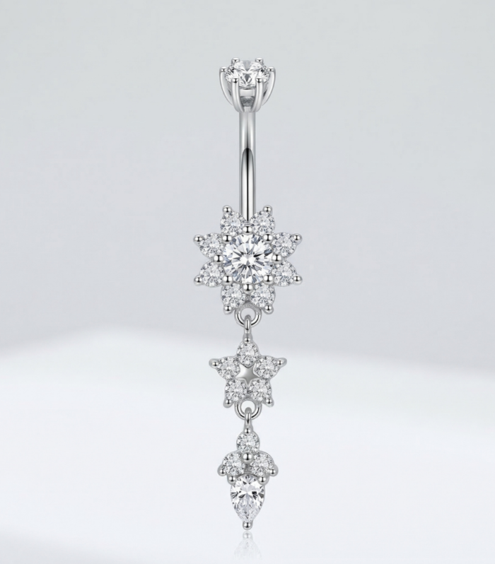 Silver Cascading Floral Drop Navel Ring