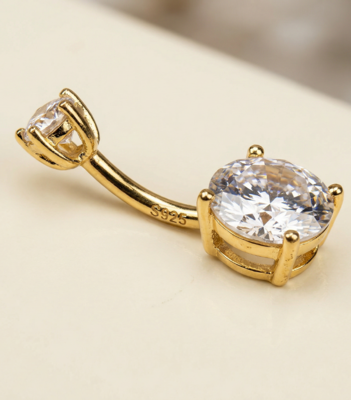 Gold Round Solitaire S925 Navel Ring
