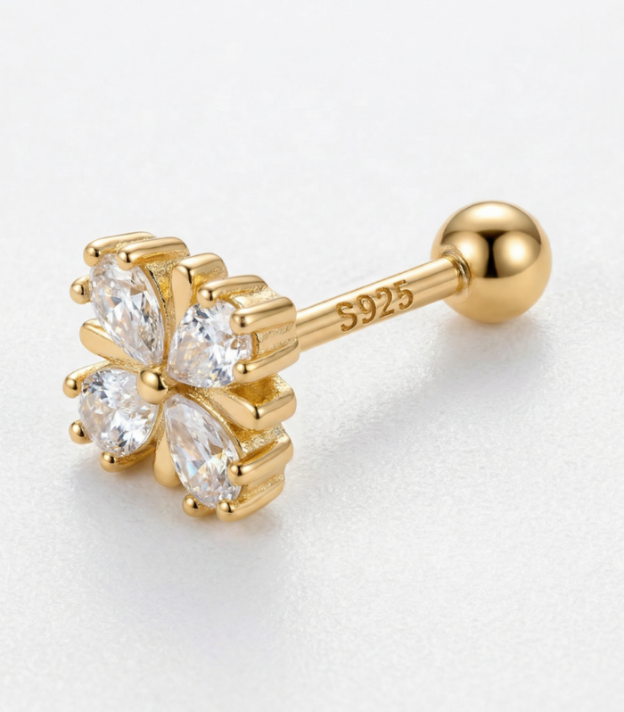 Gold Four-Petal Flower Barbell Stud