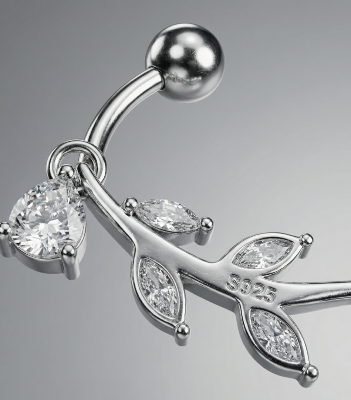 Silver Vine Leaf S925 Dangle Navel Ring