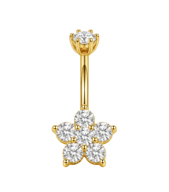 Flower Round CZ Belly Ring — Gold Plated