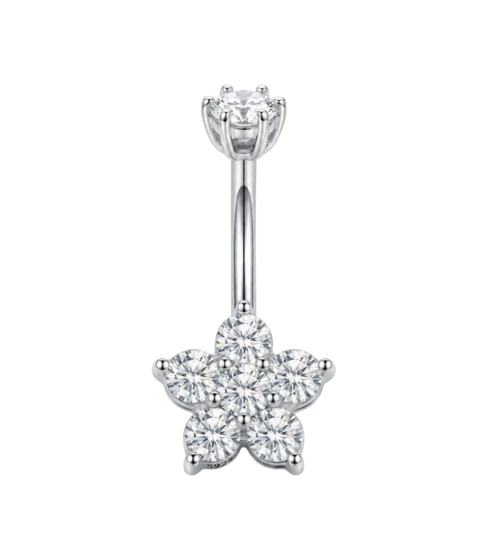 Flower Round CZ Belly Ring — Silver