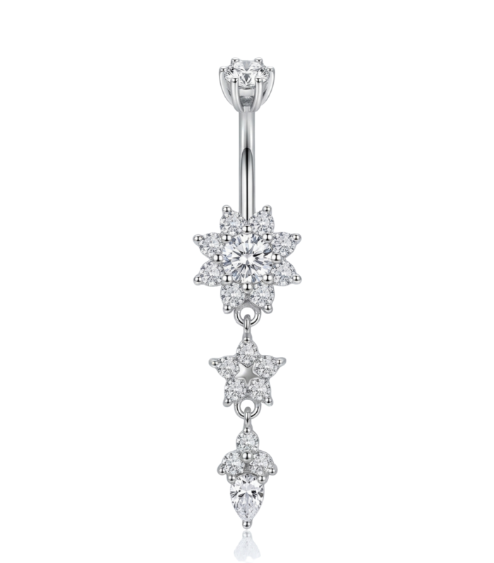 Flower Trio Drop Belly Ring — Silver
